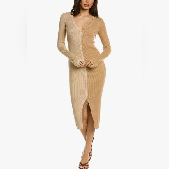 Monrow Two Tone Ribbed Colorblock Midi Sweater Dress Vneck Womens Size S - Picture 8 of 8